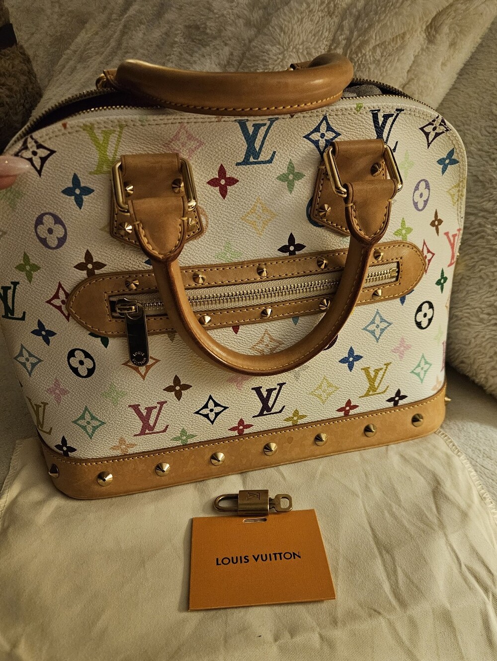 Authentic Louis Vuitton Alma Pm White Multicolor Monogram Satchel W/ Lock & Key